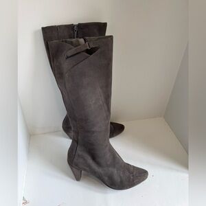 This is a Tsubo "Faline" tall charcoal grey suede heeled dress boot in size 8.5